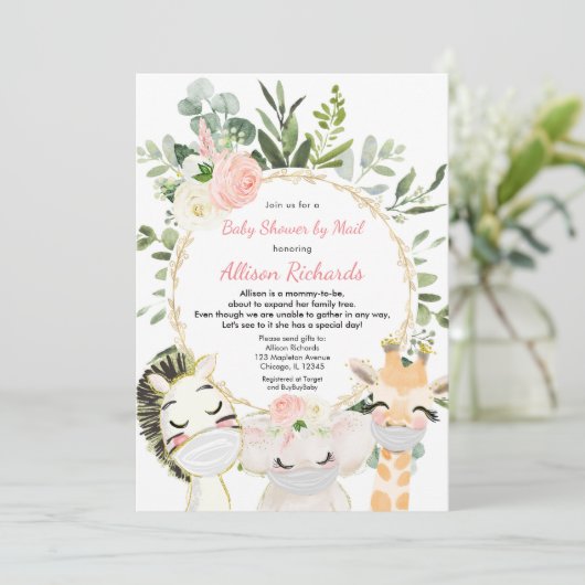 シャワー(メールピンクの緑の金ゴールドガールベビーシャワー) 招待状 (スタンド正面)