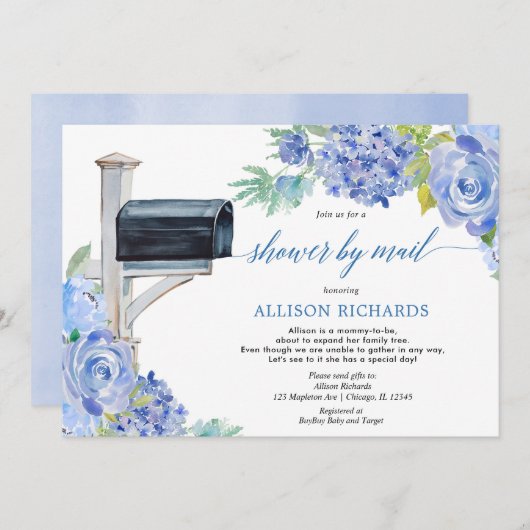 シャワー(青い白いフローラボーイベビーシャワー) 招待状 (正面/裏面)