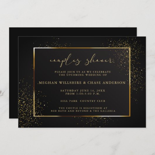 シャワー |黒エレガントと金ゴールドのグリッター 招待状 (正面/裏面)