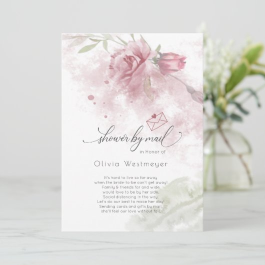 シャワーbyメール水色ほこりっぽいバラピンクの花 招待状 (スタンド正面)