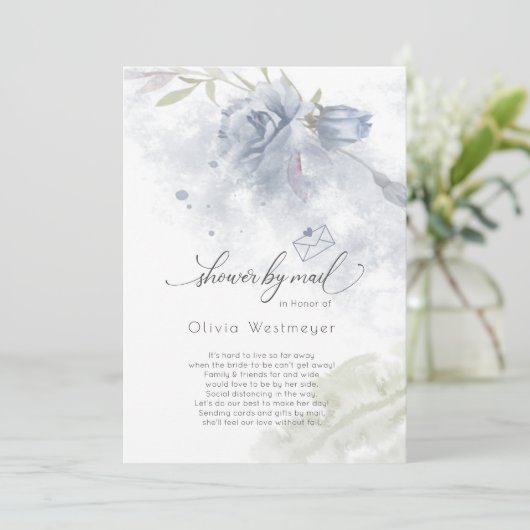 シャワーbyメール水色ほこりっぽい青いバラ花 招待状 (スタンド正面)