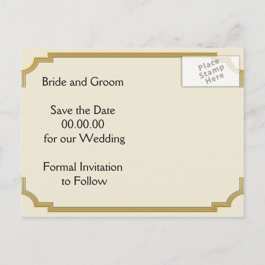 シャンデリアとアールデコ縁どの結婚式の日付を保存 案内ポストカード (裏面)