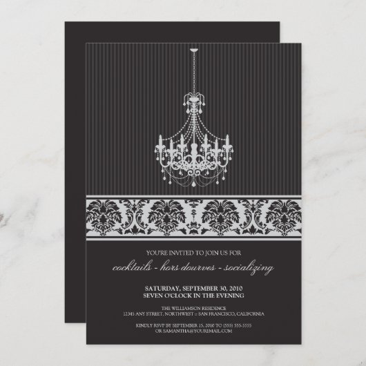 シャンデリアのカクテルパーティーの招待(黒か銀) 招待状 (正面/裏面)