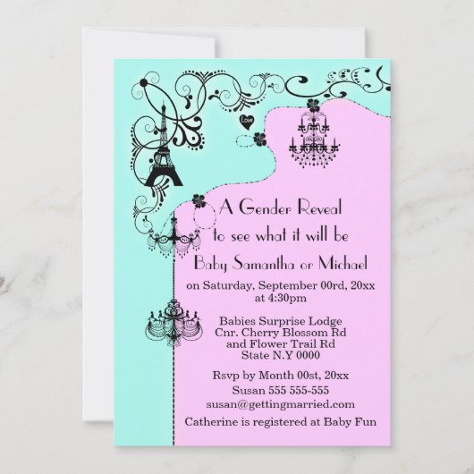 シャンデリアの遊び心のあるベビー発表パリ 招待状 (正面)