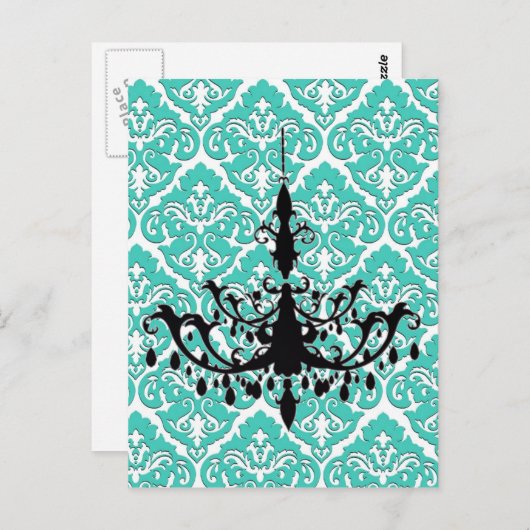 シャンデリアシルエットティール（緑がかった色）ダマスク ポストカード (正面/裏面)