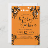 シャンデリアハロウィン結婚のオレンジ色のブラックライト 招待状 (正面)