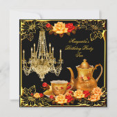 シャンデリアバースデーパーティーヴィンテージレッド金ゴールドバラ 招待状 (正面)