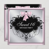 シャンデリアピンクブラックスウィート16誕生日パーティー 招待状 (正面/裏面)