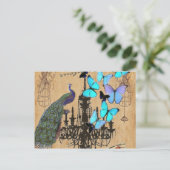 シャンデリアモダンヴィンテージ孔雀ブルーバタフライ ポストカード (スタンド正面)