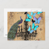 シャンデリアモダンヴィンテージ孔雀ブルーバタフライ ポストカード (正面/裏面)
