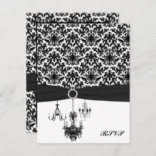 シャンデリア付き白黒ダマスク返信カード 出欠カード (正面/裏面)