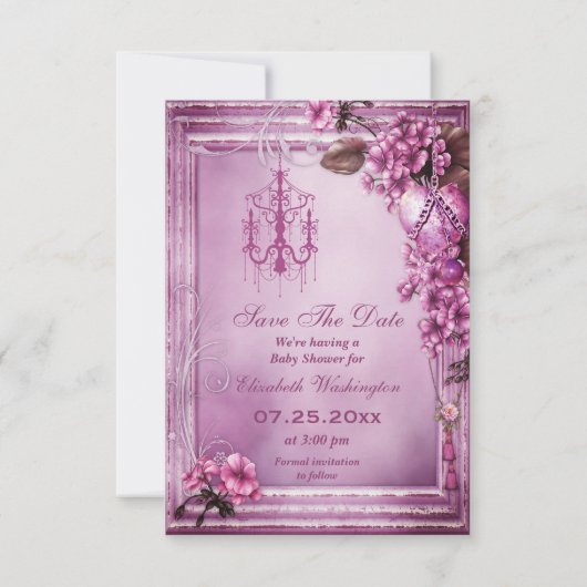 シャンデリア及び花のベビーシャワーの保存日付 セーブザデート (裏面)