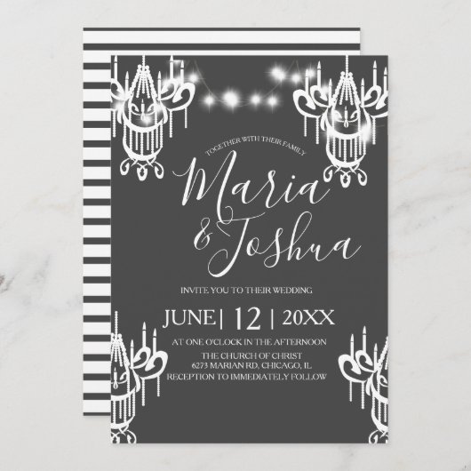 シャンデリア結婚ハロウィーンの灰色と白の光 招待状 (正面/裏面)