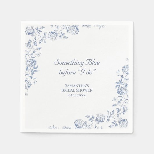 シャンデリア調花柄のブルー ブライダルシャワー スタンダードカクテルナプキン (正面)