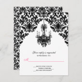 シャンデリア返信カード付き白黒ダマスク 出欠カード (正面/裏面)