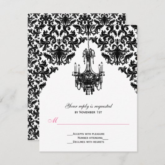 シャンデリア返信カード付き白黒ダマスク 出欠カード (正面/裏面)