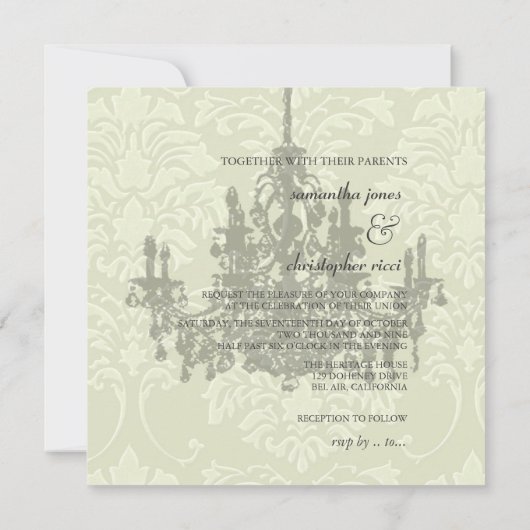 シャンデリア·オン·ホワイト·ダマスク、結婚式招待状 招待状 (裏面)