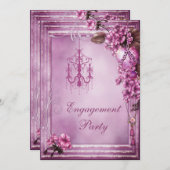 シャンデリア、ハート及び花フレームの婚約 招待状 (正面/裏面)
