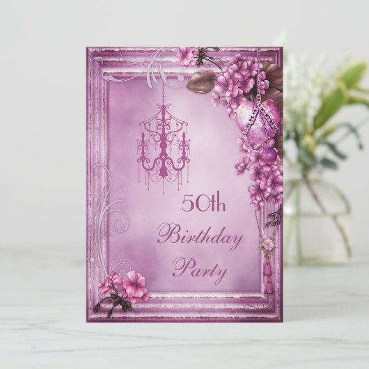 シャンデリア、ハート&フラワーズ50歳の誕生パーティー 招待状 (スタンド正面)