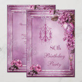 シャンデリア、ハート＆フラワーズ 80歳の誕生日パーティー 招待状 (正面/裏面)