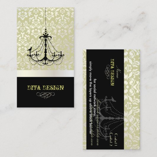 シャンデリア+バロック·ダマスク/パール+セロリ 名刺 (正面/裏面)