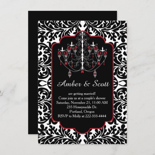 シャンデリア、黒い葉のダマスクをシャワー 招待状 (正面/裏面)