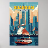 シャンハイ中国トラベルアートヴィンテージイラストレーション ポスター (正面)
