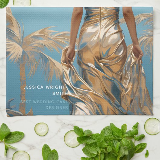 シャンパイニュ色の女性ドレス青い美学 キッチンタオル (折り畳み)