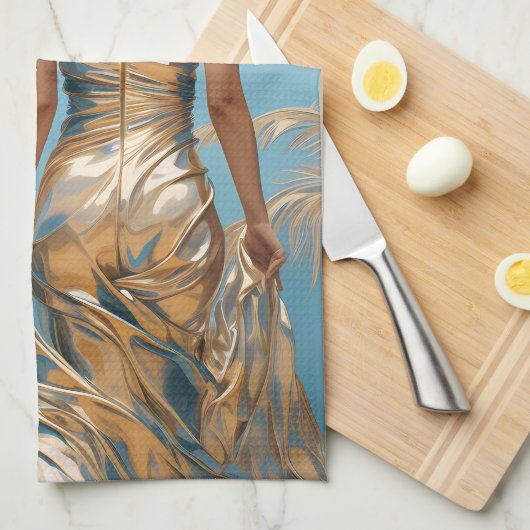 シャンパイニュ色の女性ドレス青い美学 キッチンタオル (四つ折り)