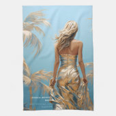 シャンパイニュ色の女性ドレス青い美学 キッチンタオル (縦)