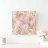 シャンパイニュ金ゴールドトロピカルリーフフローラメタルピンク スクエア壁時計 (ホーム)