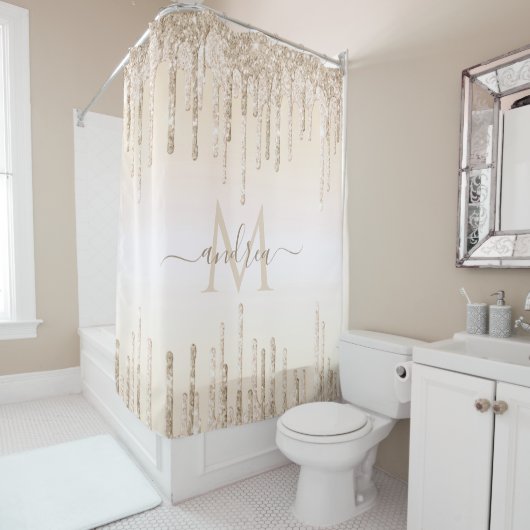 シャンパエレガントングリッタードリップモノグラム&名前 シャワーカーテン (インサイチュ)