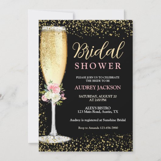 シャンパエレガントンブルンチフローラブライダルシャワー 招待状 (正面)