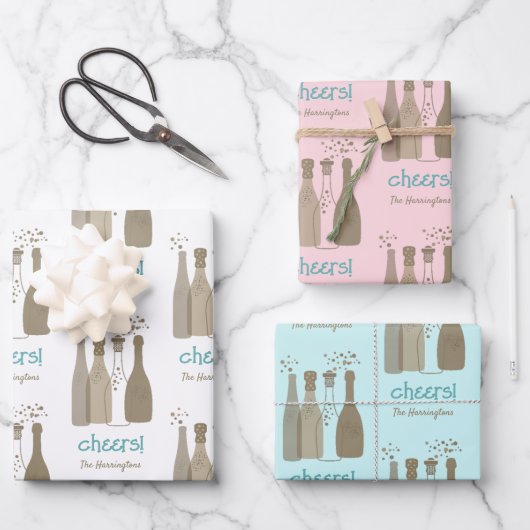 シャンパパーソナライズされたンホワイトピンクアクアレトロカッコいい ラッピングペーパーシート (正面)