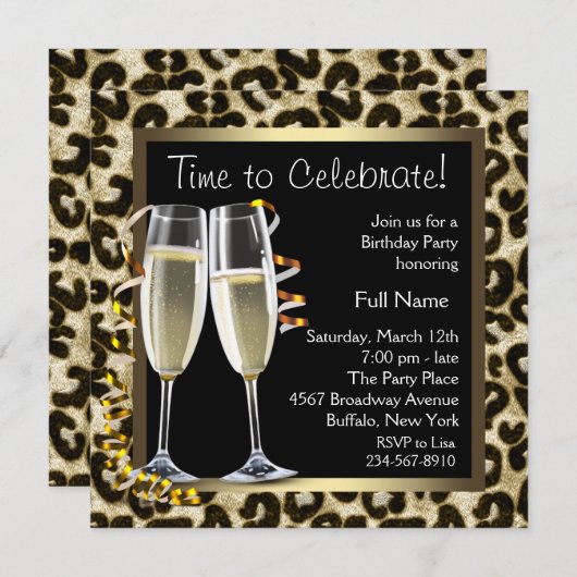 シャンパンとヒマワリの誕生日パーティーの招待状 招待状 (正面/裏面)