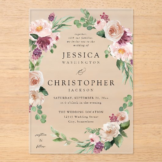 シャンパンとピンクのフローラ結婚2 アクリル招待状 (正面)