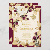 シャンパンとブルゴーニュバラ金ゴールド葉バタフィー 招待状 (正面/裏面)