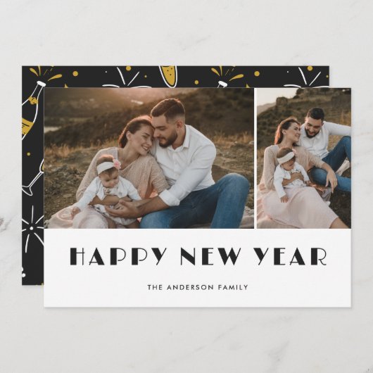 シャンパンとメガネ写真ハッピーニューイヤーカード シーズンカード (正面/裏面)