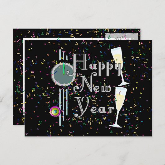 シャンパンと紙吹雪で新年を迎える シーズンポストカード (正面/裏面)