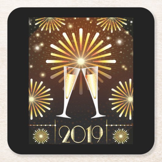シャンパンと花火新年2019年 スクエアペーパーコースター (正面)
