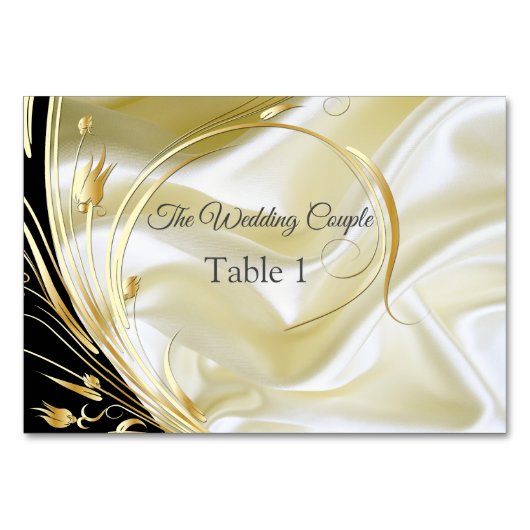 シャンパンのシルクテーブルカードに金ゴールドが付いたブラック テーブルナンバー (正面)