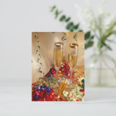 シャンパンのフルート、ストリーマーとノイズメーカー ポストカード (スタンド正面)