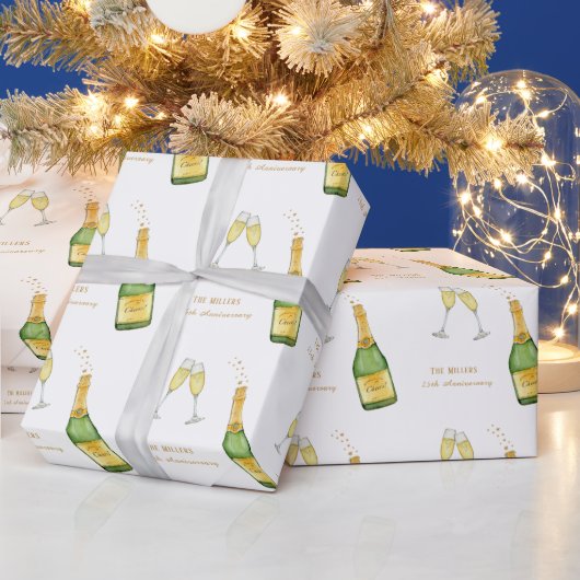 シャンパンのボトルとグラス ラッピングペーパー (クリスマス)