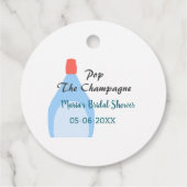 シャンパンのポップ青いウェディングシャワーの名前と日付を追加 フェイバータグ (裏面)
