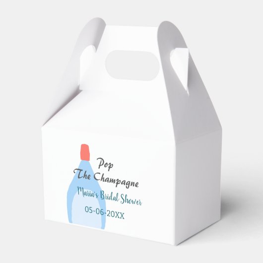 シャンパンのポップ青の結婚式前祝い 名前 日付を追加 フェイバーボックス (正面サイド)