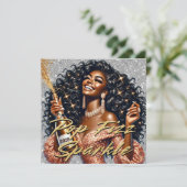 シャンパンをポッピングする華やかな黒人女性新年 カード (スタンド正面)