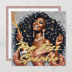 シャンパンをポッピングする華やかな黒人女性新年 カード