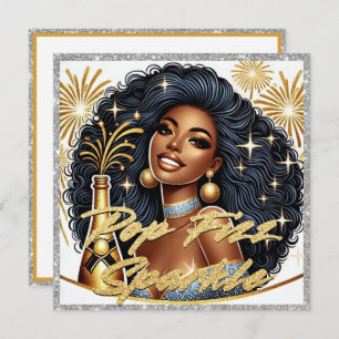 シャンパンをポッピングする華やかな黒人女性新年 カード