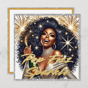 シャンパンをポッピングする華やかな黒人女性新年 カード
