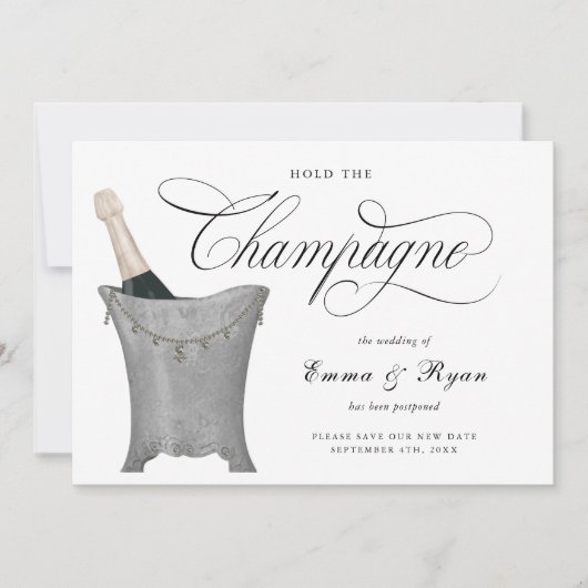 シャンパンを待ってください 結婚式の日程変更のお知らせカード 案内状 (正面)